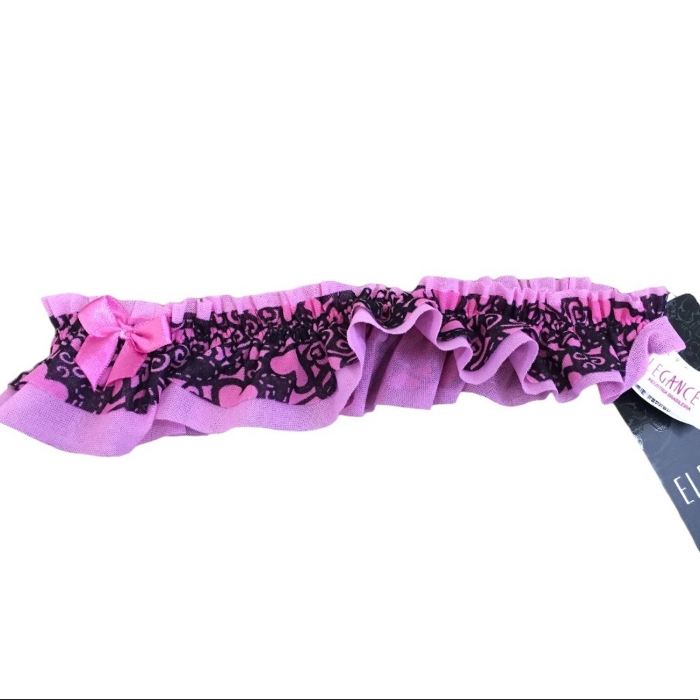 ELEGANCE Pink Black Ruffle Trim Garter Bow Detail NWT Bridal Bachelorette OS